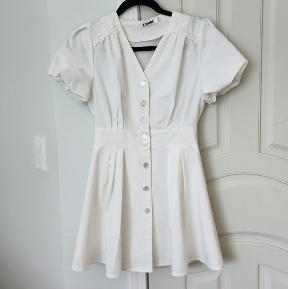 B.BStudio White A-Line Lace Detail Puff Sleeve Mini Dress S - Picture 2 of 10